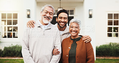Buy stock photo Happy man, bonding and senior parents at new home, real estate or smile for homeownership milestone. Family, portrait and old people with son at house, embrace and laughing with property investment