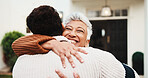 Senior, happy woman and son at front door with hug, welcome home and comfort in safe return. Connection, excited mother or embrace man outdoor for hello, family reunion or weekend visit in retirement