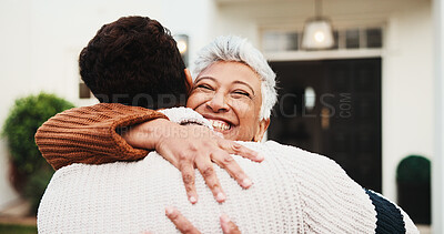 Buy stock photo Senior, happy woman and son at front door with hug, welcome home and comfort in safe return. Connection, excited mother or embrace man outdoor for hello, family reunion or weekend visit in retirement
