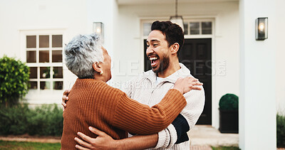 Buy stock photo Senior, mom and excited man at front door with hug, surprise homecoming and comfort in return. Bonding, happy mother or embrace adult son outdoor for greeting, family reunion or retirement home visit