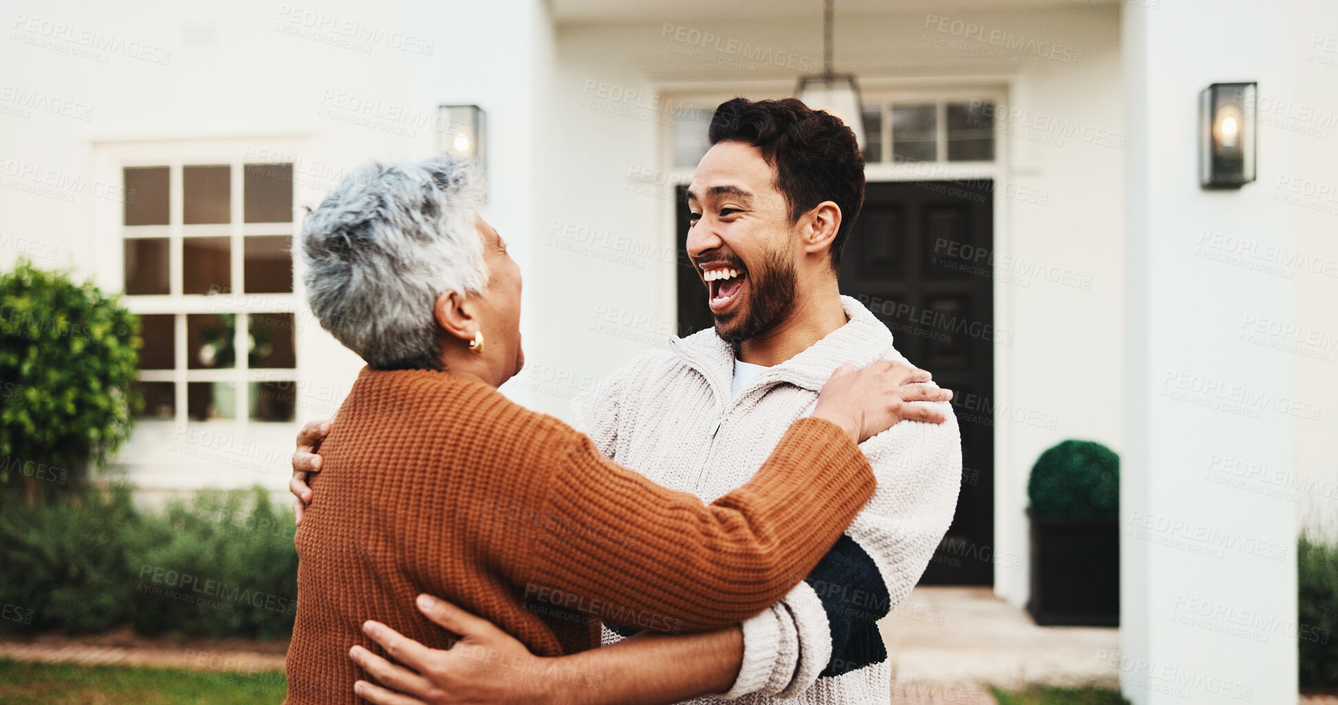 Buy stock photo Senior, mom and excited man at front door with hug, surprise homecoming and comfort in return. Bonding, happy mother or embrace adult son outdoor for greeting, family reunion or retirement home visit
