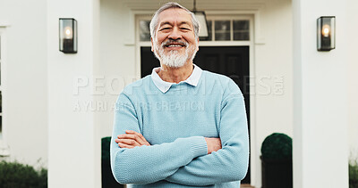 Buy stock photo Portrait, garden and senior man by new home, property purchase and dream house in retirement. Happy, confident and Asian person with crossed arms for mortgage approval, homeowner pride or real estate