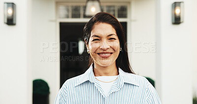 Buy stock photo Smile, real estate and woman with portrait by new house, property ownership and investment. Moving, outdoor and happy person at front door of dream home with loan, relocation mortgage and residence