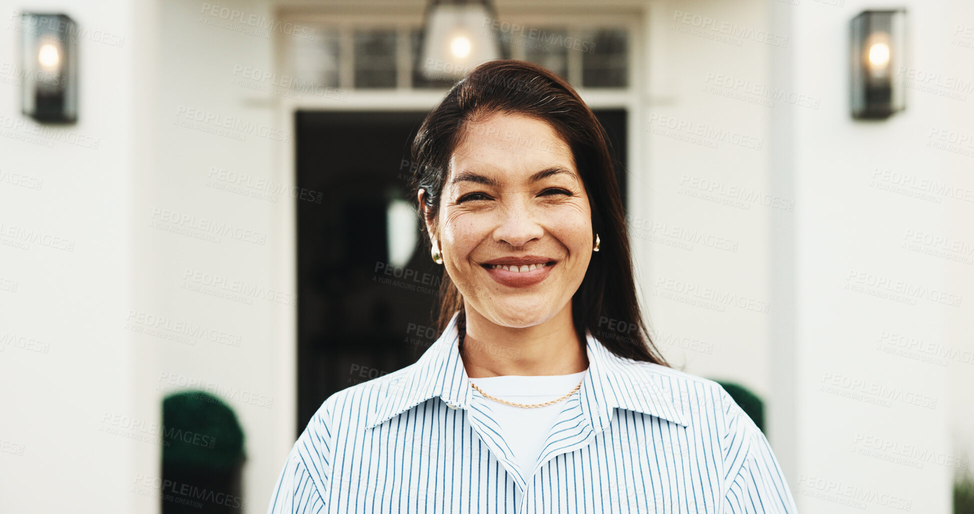 Buy stock photo Smile, real estate and woman with portrait by new house, property ownership and investment. Moving, outdoor and happy person at front door of dream home with loan, relocation mortgage and residence