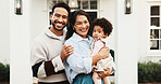 Happy, portrait and parents with child by new home for property purchase, residence and bonding. Outdoor, love and front yard with mom, dad and girl for family relocation, moving and house mortgage
