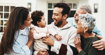 Happy, grandparents and parents with child by new home for property purchase, residence and bonding. Generations, love and front yard with mom, dad and kid for family relocation, moving and house