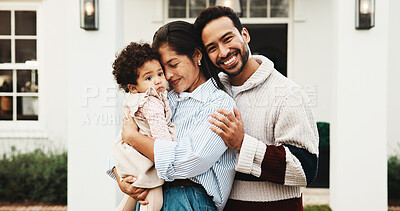 Buy stock photo Outdoor, happy and parents with child by new home for property purchase, residence and bonding. Hug, portrait and front yard with mom, dad and kid for family relocation, moving and dream house