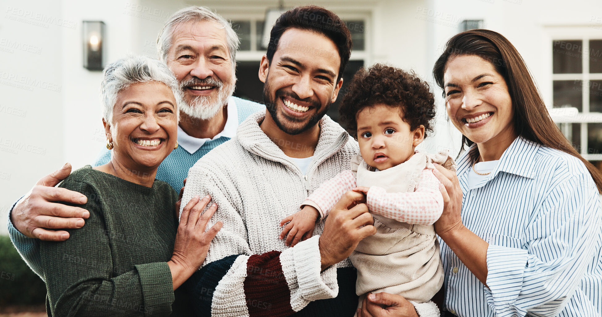 Buy stock photo Portrait, grandparents and parents with child by new home for property purchase, residence and bonding. Generations, happy and front yard with mom, dad and kid for family relocation, moving and house