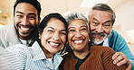 Portrait, selfie and happy people with senior parents for bonding with memory, picture and moment. Smile, home and pov of elderly mom, dad and family for social media, connection and photo on weekend