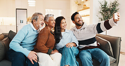 Buy stock photo Sofa, selfie and people with senior parents for bonding with memory, profile picture and post. Happy, home and photo of elderly mom, dad and family for social media, connection and moment on weekend