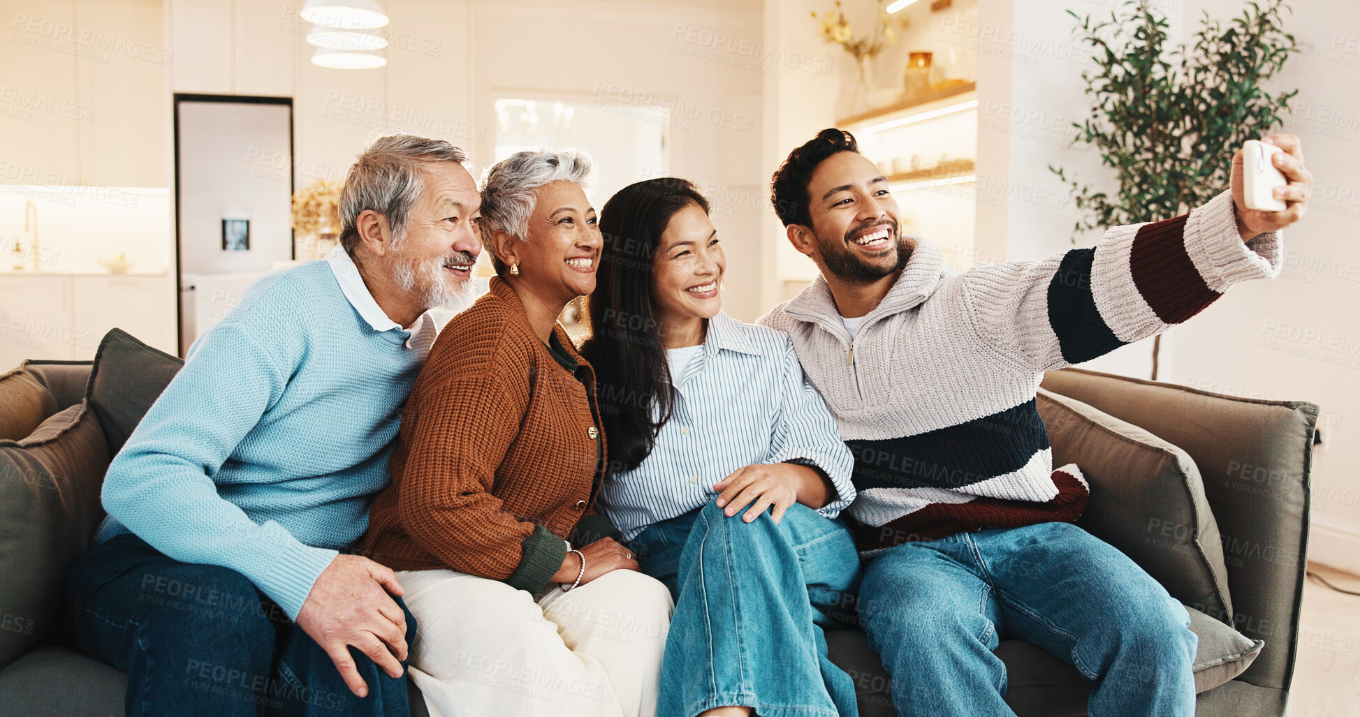 Buy stock photo Sofa, selfie and people with senior parents for bonding with memory, profile picture and post. Happy, home and photo of elderly mom, dad and family for social media, connection and moment on weekend