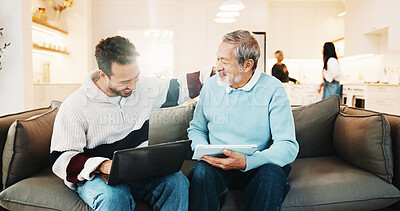 Buy stock photo Happy, old father and family at house with laptop, research and assistance for online banking. Smile, senior man and adult son in home with tech, household expenses and helping for retirement savings