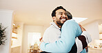 Excited, man and hug senior parent for welcome home, bonding moment or comfort in safe return. Love, adult son or embrace elderly person for hello, happy family reunion or holiday visit in retirement