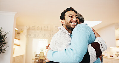 Buy stock photo Excited, man and hug senior parent for welcome home, bonding moment or comfort in safe return. Love, adult son or embrace elderly person for hello, happy family reunion or holiday visit in retirement