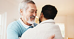 Happy, man and hug senior father in home for welcome, bonding moment or comfort in homecoming. Love, adult son or embrace elderly dad for hello, excited family reunion or holiday visit in retirement