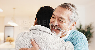 Buy stock photo Smile, man and hug senior father in home for welcome, bonding moment or comfort in homecoming. Love, adult son or embrace elderly dad for greeting, happy family reunion or holiday visit in retirement