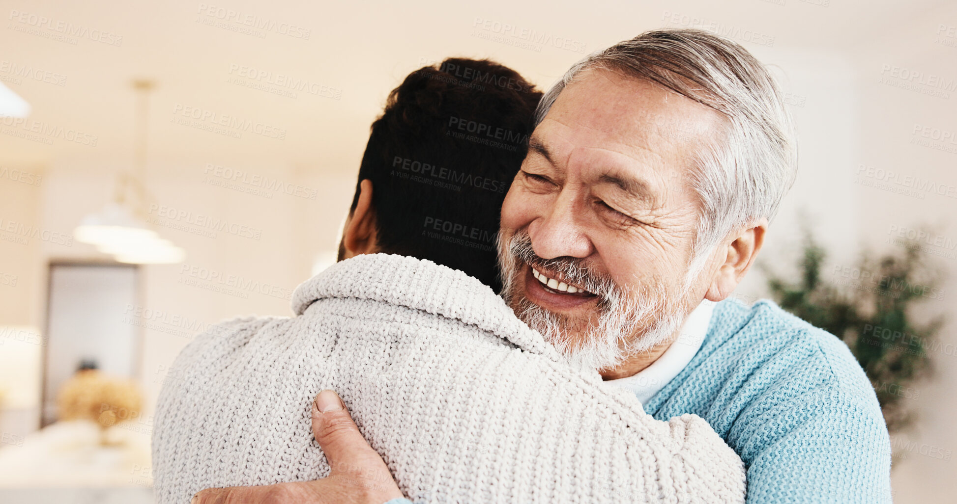 Buy stock photo Smile, man and hug senior father in home for welcome, bonding moment or comfort in homecoming. Love, adult son or embrace elderly dad for greeting, happy family reunion or holiday visit in retirement