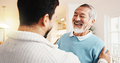 Buy stock photo Happy, man and greeting senior dad for welcome home, bonding moment and emotional homecoming. Support, adult son and excited elderly father with hello, family reunion and affection for weekend visit