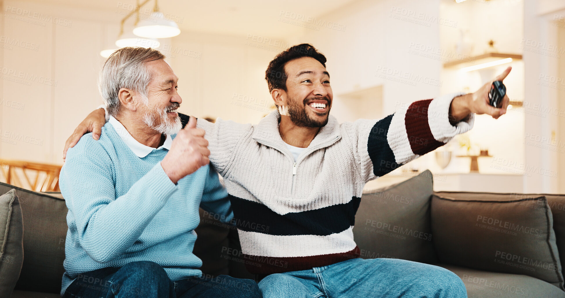 Buy stock photo Watching tv, excited man and senior father in home for score, streaming sports or game together. Asian people, adult son and television in living room for winning, bonding or pointing for match goal