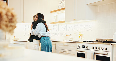 Buy stock photo Hug, happy and woman with senior mother in kitchen at house for bonding, family and connection. Smile, love and adult daughter embracing elderly mom for safety, care and trust in apartment together.