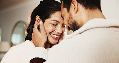 Buy stock photo Forehead, touch and happy couple in home, love and bonding with partner on break or marriage loyalty. People, hug and connection with spouse, relationship commitment and relax with smile on weekend
