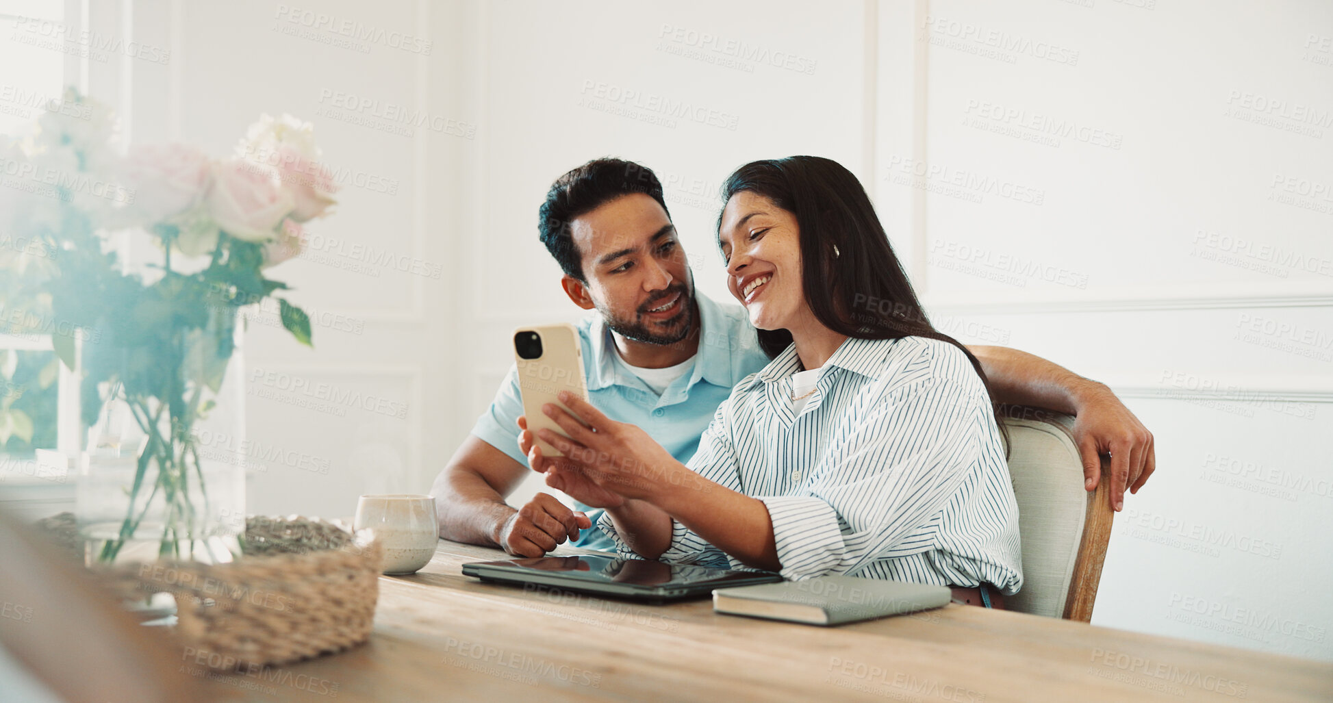 Buy stock photo Video call, smile and couple with cellphone in home for communication, bonding and networking. Happy, technology and man with woman on phone for virtual conversation in house together on weekend.