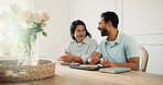 Coffee, conversation and couple by table in home for bonding, love and connection in marriage. Happy, warm beverage and man with woman for discussion on relationship commitment in house on weekend.