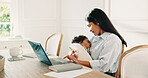 Mother, laptop and remote work in house with sleeping baby, smile and balance responsibility for job. Happy, woman and freelance worker multitasking in home with computer, love and care for child.