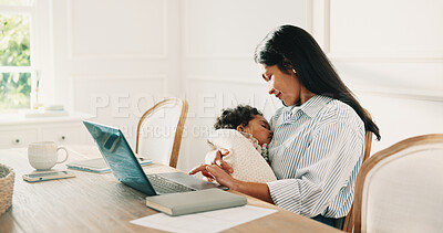 Buy stock photo Mother, laptop and remote work in house with sleeping baby, smile and balance responsibility for job. Happy, woman and freelance worker multitasking in home with computer, love and care for child.