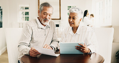 Buy stock photo Old couple, reading and financial planning with tablet in house, happy or checking savings on report. Senior people, smile and discussion with technology, bonding and budget with statement in home