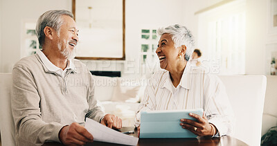 Buy stock photo Old couple, laughing and financial planning with tablet in house, good news or happy for investment. Senior people, smile and discussion with savings on web, bonding and budget with statement in home