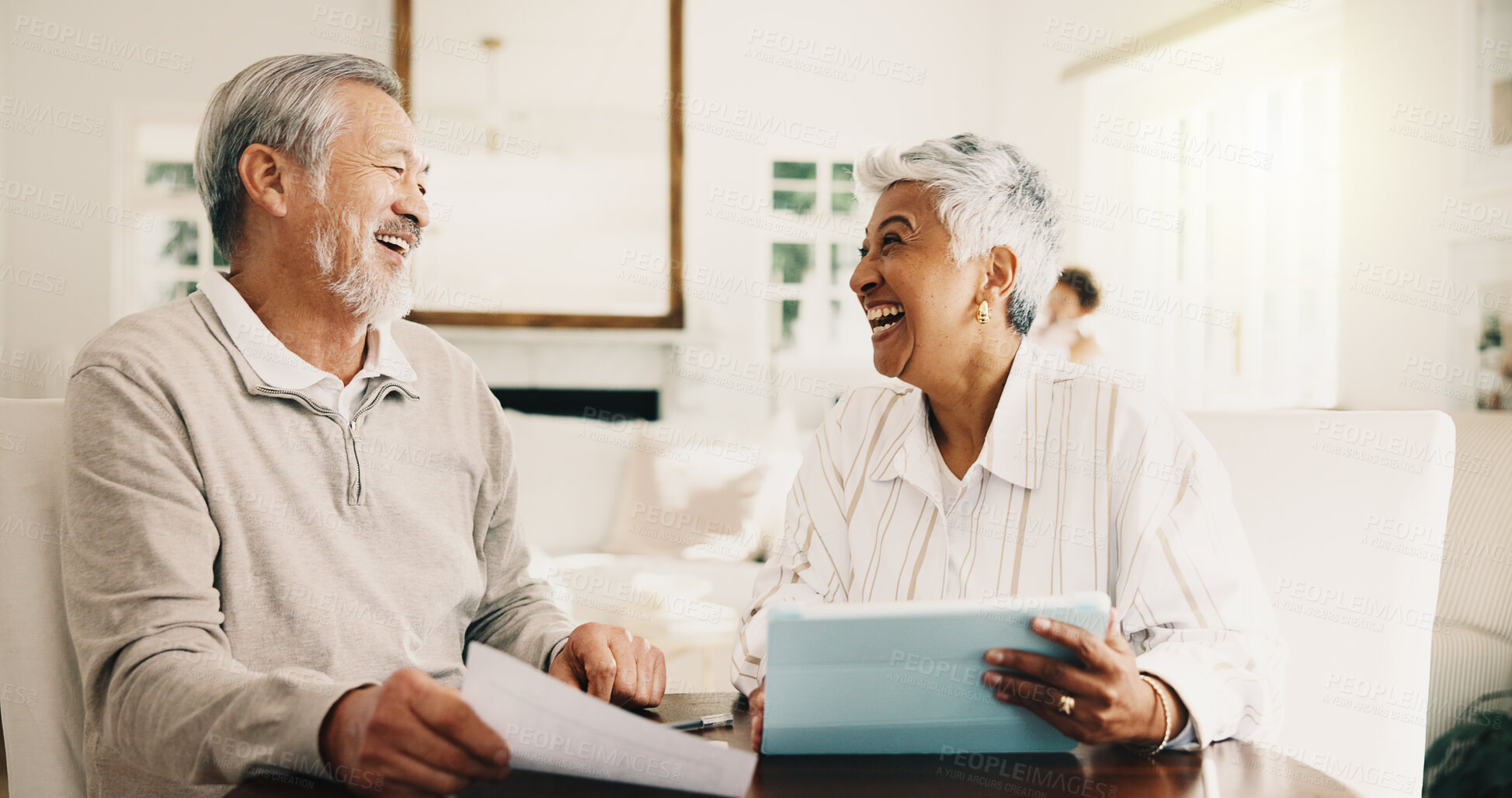 Buy stock photo Old couple, laughing and financial planning with tablet in house, good news or happy for investment. Senior people, smile and discussion with savings on web, bonding and budget with statement in home