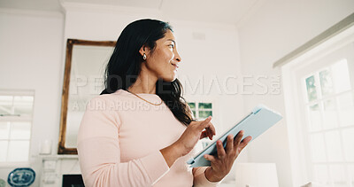 Buy stock photo Tablet, woman and freelancer thinking in home, story inspiration or happy with manuscript draft. Tech, remote work and person with idea for review on internet, creative chapter and author publication