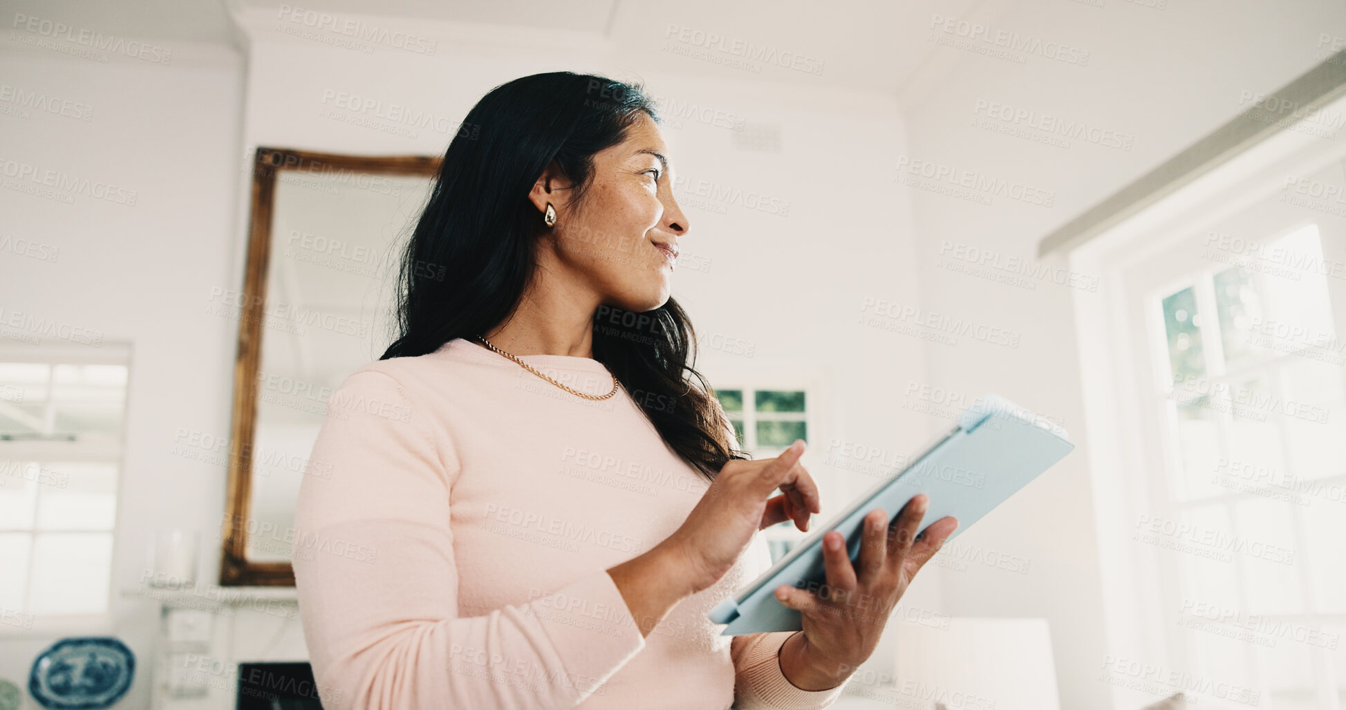 Buy stock photo Tablet, woman and freelancer thinking in home, story inspiration or happy with manuscript draft. Tech, remote work and person with idea for review on internet, creative chapter and author publication