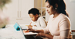 Mother, remote work and child at house with laptop, research and writing notes for education. Woman, freelancer and kid in home with pc, browsing internet and homework worksheet for creative learning
