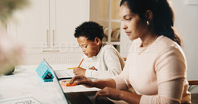 Buy stock photo Mother, remote work and child at house with laptop, research and writing notes for education. Woman, freelancer and kid in home with pc, browsing internet and homework worksheet for creative learning