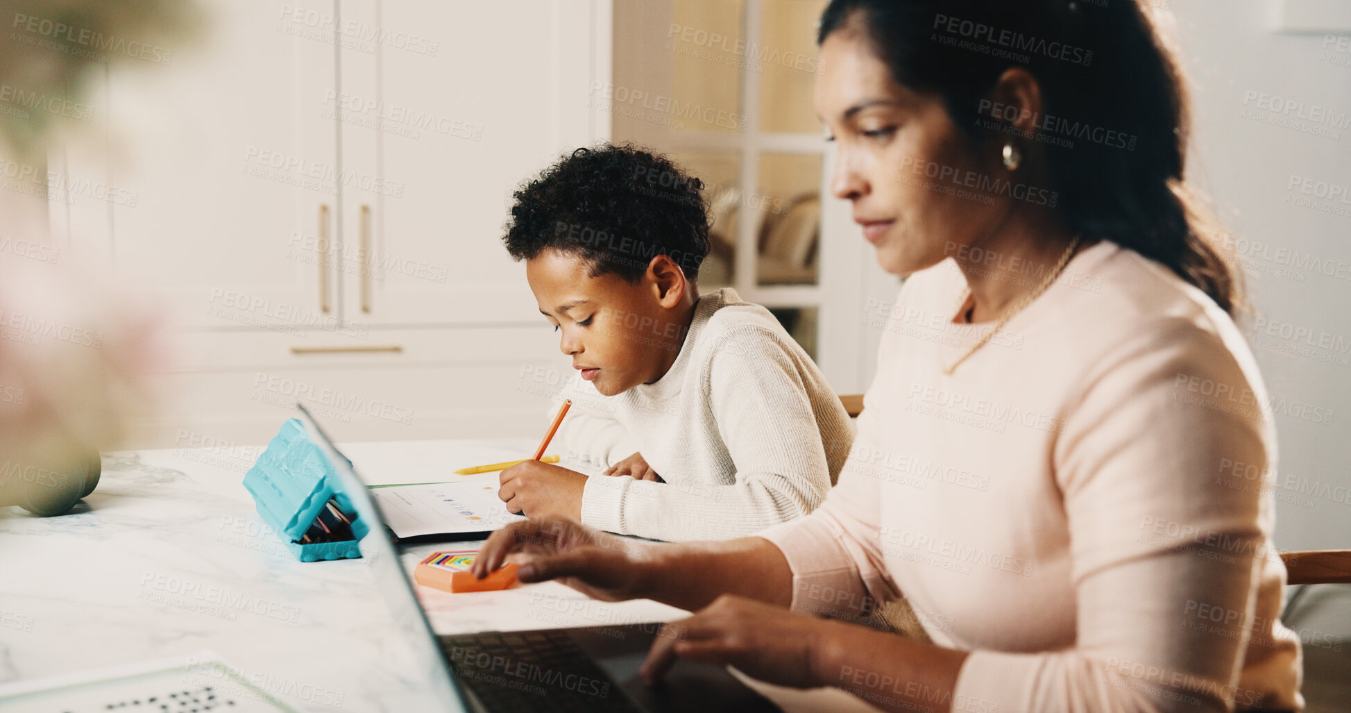 Buy stock photo Mother, remote work and child at house with laptop, research and writing notes for education. Woman, freelancer and kid in home with pc, browsing internet and homework worksheet for creative learning