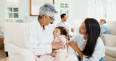 Buy stock photo Sleeping, mom and grandma with baby for love, development support or maternal bonding with rest. Generations, family and infant with nap in home for wellness, security or adoration for healthy growth