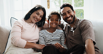 Buy stock photo Happy, portrait and child with parents on sofa for bonding, connection and relax on weekend together. Family, home and boy with mom, dad and smile for relationship, support and security for love