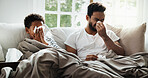 Sick, dad and blowing nose with child in house, allergies and  family with fever symptoms in lounge. Man, parent and kid with viral infection, resting and wipe with tissue, cold and illness in home