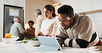 Man, tablet and big family in kitchen for meal prep, supper and prepare food for bonding in home. Generations, happy people and guide for online recipe, conversation and connection for holiday