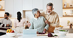 Cooking, tablet and senior couple in kitchen at house for preparing meal together on weekend. Laugh, digital technology and elderly man with woman for online recipe with nutrition dinner in home.