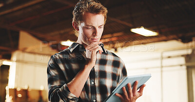 Buy stock photo Man, carpenter or thinking with tablet in warehouse for wood production, storage or inventory. Thoughtful, male person or carpentry with technology for stock checklist, lumber or timber distribution