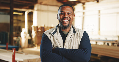 Buy stock photo Portrait, carpenter and happy man in factory with arms crossed, timber manufacturing or craft skills. Black person, smile and artisan in workshop with confidence, woodwork and about us for carpentry.