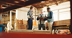 Carpenter, manager and team in warehouse with clipboard, discussion and check woodwork operations. Carpentry, supervisor and people talk in factory with production checklist, advice and instructions.
