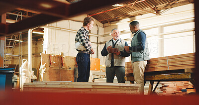 Buy stock photo Carpenter, manager and team in warehouse with clipboard, discussion and check woodwork operations. Carpentry, supervisor and people talk in factory with production checklist, advice and instructions.