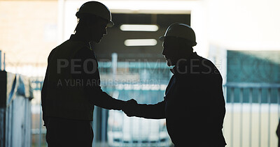 Buy stock photo Construction, men and outdoor with handshake for deal, illegal agreement and collusion for extortion. Shadow, contractors and shaking hands at site for unethical practice or building compliance scam