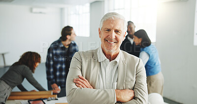Buy stock photo Arms crossed, portrait and smile of business man in meeting for architecture or construction. About us, leadership and property development with mature engineer in office for project management