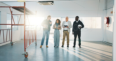 Buy stock photo Architect, team and planning renovation in office with property manager, discussion and evaluation. Flare, people and talk in commercial building with remodeling construction, advice and inspection.