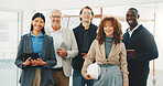 Architecture, portrait and team with pride, site staff and about us in industrial industry. Happy, people and engineer group with confidence, solidarity and diversity in infrastructure development.